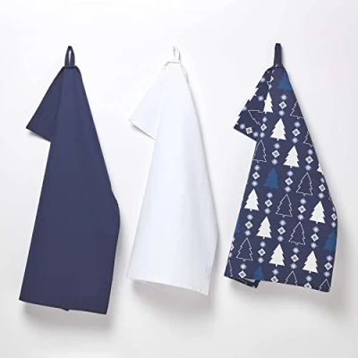 Image of HOMESCAPES Set of 3 Blue Tea Towels Christmas Tree Pattern 100% Cotton Winterland Super Absorbent Xmas Kitchen