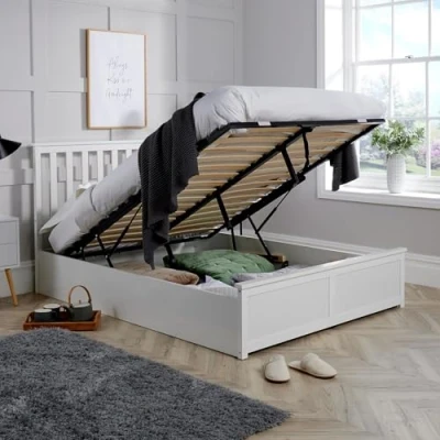 Image of Home Source Ottoman King Size Pine End Lift Storage Bed, Gas Lift, White
