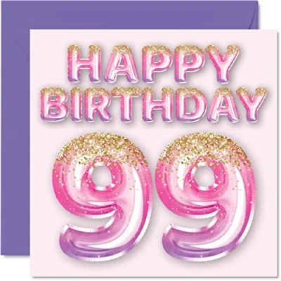 Image of 99th Birthday Card for Women Pink &amp; Purple Glitter Balloons Happy Cards 99 Year Old Woman Mum Great Nanny Grandma Gran, 145mm x Ninety Nine Ninth Bday Greeting Gift