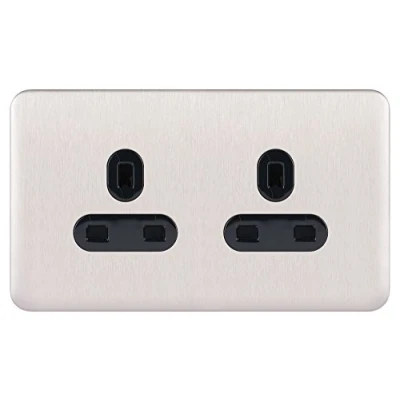 Image of Schneider Electric Lisse Screwless Deco Unswitched Double Power Socket, 13A, GGBL3060BSSS, Stainless Steel with Black Insert