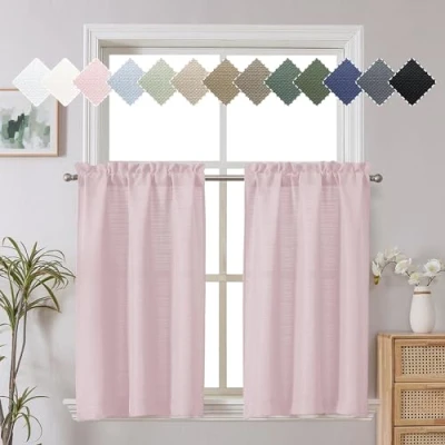 Image of Chyhomenyc Bennet 2 Panels Blush Pink Kitchen Curtains 24 Inch Length Tier Curtains, Faux Linen Textured Small Cafe Light Filtering Short Window for Bathroom Basement, 30x24