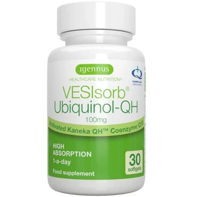 Image of VESIsorb Ubiquinol QH, Active Kaneka QH Ubiquinol, 30 Softgels, Fast Acting Water Soluble Coenzyme Q10 100 mg, CoQ10 Supplement for Energy, 1 Month Supply, by Igennus