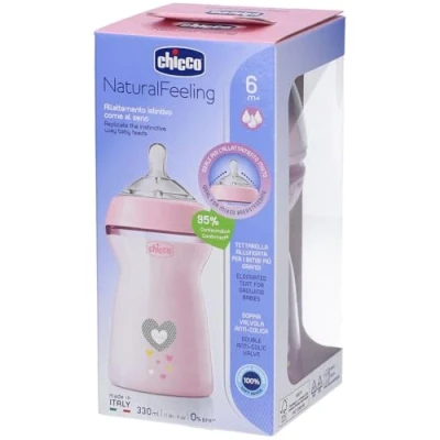 Image of Chicco Natural Feeling Anti Colic Baby Bottle 6+ Months 330 ml, with Soft and Flexible Silicone Teat, Suitable for Breastfeeding, Pink