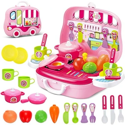 Image of SUPER TOYS Kitchen Playset Toy Kids Pretend Cooking Kit Food Set Pink Xmas Gift for Children 3 Years Old