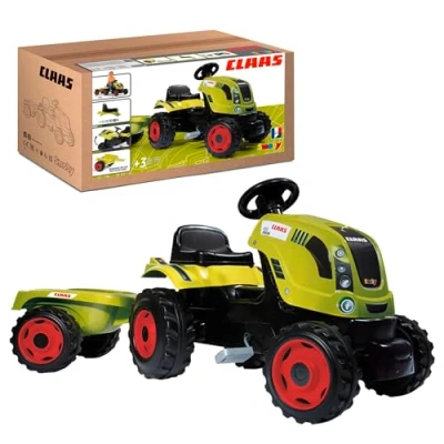 Image of Smoby Claas Farmer Pedal Ride on Tractor and Trailer Colourful Kids Digger with Detachable Trailer, Openable Bonnet Horn Ages 3+ ,