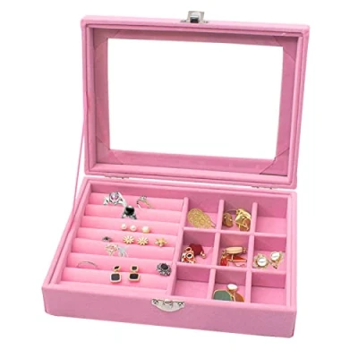 Image of dogmoon Jewelry Storage Case, 9 Grids Velvet Box, Ring Display Earrings Organiser with Clear Lid Lockable Jewellery Showcase Box for Rings Necklace(Pink)