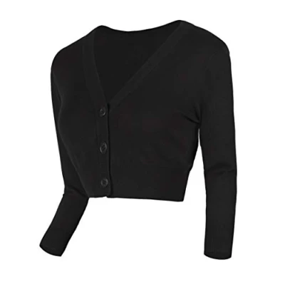 Image of Urban GoCo Women&#039;s Cropped Cardigan V Neck Button Down Knitted Sweater 3/4 Sleeve (XL, Black)