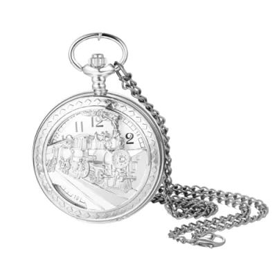 Image of JewelryWe Men Women Pocket Watch: Gold/Silver Tone Vintage FOB Watches Train Necklace Pendant Watch with Chain