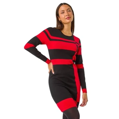 Image of Roman Originals Knitted Jumper Dress for Women UK Ladies Colour Block Winter Autumn Smart Casual Office Bodycon Workwear Everyday Long Sleeve Knee Length Knit Pocket Red &amp; Noir Size 18