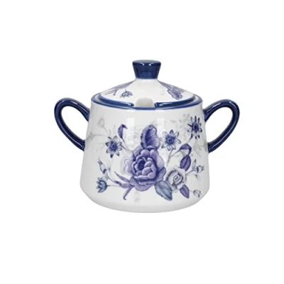 Image of London Pottery Blue Rose Lidded Sugar Bowl, Ceramic, Almond Ivory/Blue, 13 x 8 10 cm