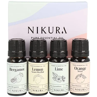 Image of Nikura Citrus Oils Set 4 x 10ml Perfect for Cleaning, Aromatherapy, Diffusers Home, Incense, Laundry 100% Pure and Natural Essential Including Bergamot, Lemon, Lime Sweet Orange
