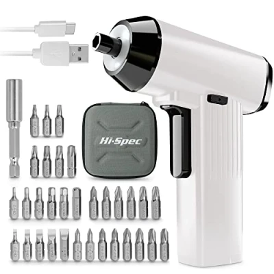 Image of Hi Spec 34pc White 3.6V Rechargeable Electric Screwdriver with USB Charging LED Light Li on Battery and Bit Set. Cordless Household Repairs &amp; Assembly