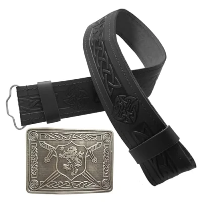 Image of STITCHIFY Traditional Scottish Leather Kilt Belt and Antique Saltire Rampant Lion Shield Buckle (Celtic Embossed/Rampant Black Set, XL)