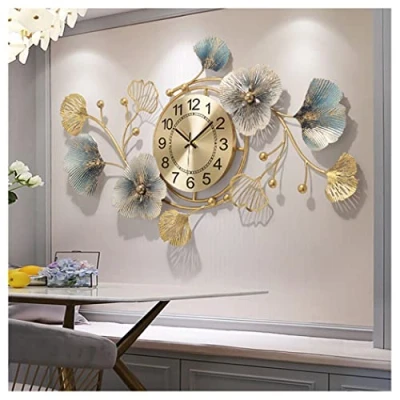 Image of Large Silent Modern Decorative Wall Clock,Elegant Wrought Iron Clock Ginkgo Leaf Mute for Living Room Bedroom Hotel Porch (83 * 48cm)