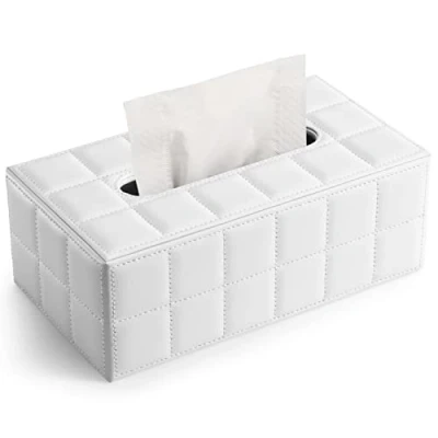 Image of GORESE Rectangular Tissue Box Holder Cover PU Leather Facial Dispenser for Home Bathroom, Living Room, Bedroom, Dinning Office, Car Automotive Decoration(White)