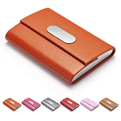 Image of FACATH Business Card Holder for Women, PU Leather &amp; Stainless Steel Name Wallet Credit Metal Pocket Carrier with Magnetic Shut Orange