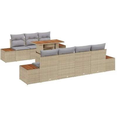 Image of vidaXL 8 Piece Garden Dining Set with Cushions Beige Poly Rattan Acacia