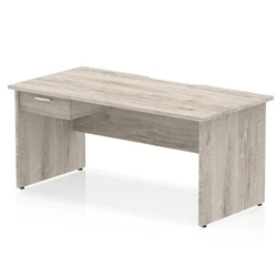 Image of Impulse 1600 x 800mm Scalloped Edge Straight Office Desk Grey Oak Top Panel End Leg Workstation 1 Drawer Fixed Pedestal
