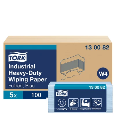 Image of Tork 130082 Industrial Heavy Duty Wiping Paper / 3 Ply Absorbent Sheets Suitable for W4 Top Pak System Blue 38.5cm x 10.8cm 500