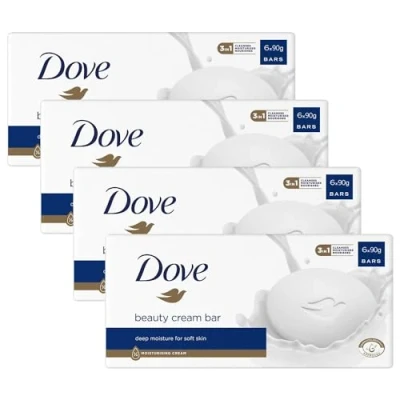 Image of Dove Orginal Beauty Cream Bar 3 in 1 Cleanses, Moisturises and Nourishes Sulphate Free Bath Soap for Soft Smooth Skin, Suitable Daily Use 6x90g, 4 Pack