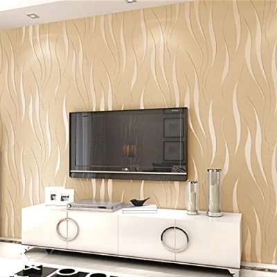 Image of Modern Simple Stylish 3D Stereoscopic Wave Stripes TV Background Living Room Non Woven Wallpaper Beige Color 0.53m(1.73&#039;W) x 10m(32.8&#039;L)=5.3m2 (57sq.ft)