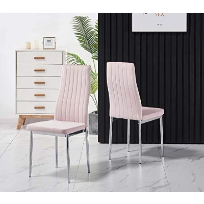 Image of FURNIZONE MONZA DINING CHAIRS SET OF 2 SOFT VELVET WITH CHROME METAL LEGS (Pink)