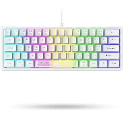Image of LexonElec K61 60% Percent Compact Gaming Keyboard White Keycaps UK Layout, RGB Illuminated LED Backlit Light up Wired Mechanical Feel Ergonomic Shortcut for PC Laptop MAC Gamer Travel