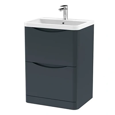 Image of Floor Standing 2 Drawer Vanity Basin Unit with Polymarble Basin, 600mm Soft Black