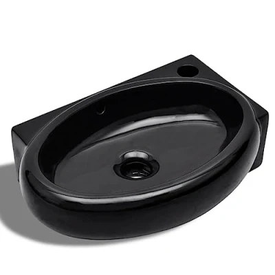 Image of vidaXL Wall Mounted Ceramic Bathroom Sink Basin with Faucet and Overflow Hole Black Round Elegance for Washrooms Powder Rooms