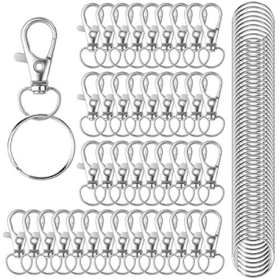Image of HXSEMAYIG 100PCS Keychain Hooks with Key Rings,.Metal Swivel Lobster Claw Clasps, for Clip Lanyard, Jewelry Making, Crafts (Silver)