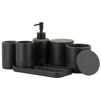 Image of zccz Black Bathroom Accessory Set 6 Pieces Organiser with Tootbrush Holder, Lotion Soap Dispenser, Vanity Tray and 2 Qtip Holders Modern Decor Accessories