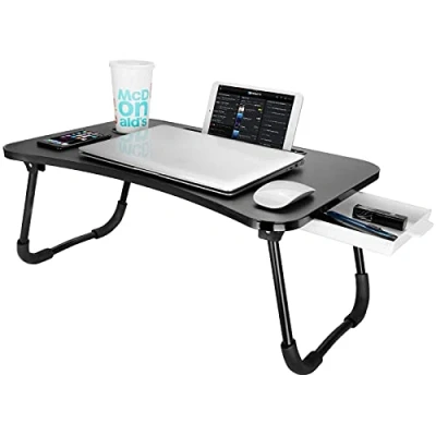 Image of Laptop Desk with Drawer, Astoryou Portable Bed Tray Table Notebook Stand Reading Holder Foldable Legs &amp; Cup Slot for Eating Breakfast, Book,Watching Movie on Bed/Couch/Sofa (Black)