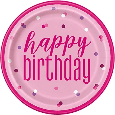 Image of Unique Party 83607 Pink Happy Birthday Round Paper Plates 9&quot; Silver 8 Pcs, Count (Pack of 1)