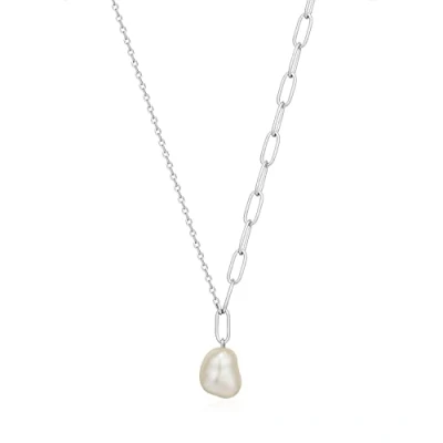 Image of ANIA HAIE 925 Sterling Silver Chunky Freshwater Pearl Pendant Statement Necklace, Rhodium Plated