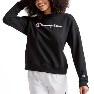 Image of Champion Women&#039;s, Powerblend, Fleece Crewneck, Warm Sweatshirt (Plus, Black Script, XS