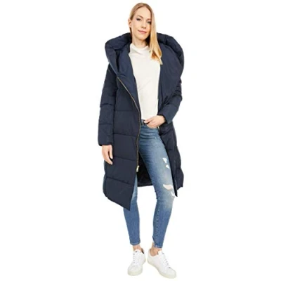 Image of Cole Haan Women&#039;s Long Size Zip Hooded Quilted Down Coat Outerwear, Navy, M
