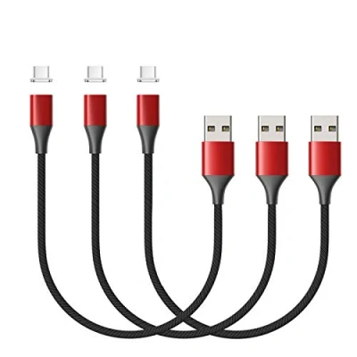 Image of NetDot Gen10 USB c Nylon Braided Magnetic Fast Charging Cable with Side LED Compatible Type Device(1ft/3 Pack red)