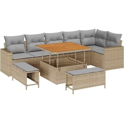 Image of vidaXL 9 Piece Garden Sofa Set with Cushions Beige Poly Rattan Acacia