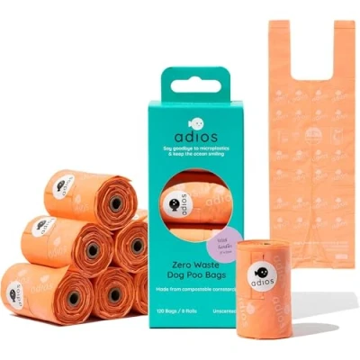 Image of Adios Plastic Home Compostable Dog Poop Bags Rolls Extra Thick Leakproof Waste Made of Cornstarch Doggie with Handles Unscented &amp; Easy to Open 120 Count (8 Rolls)