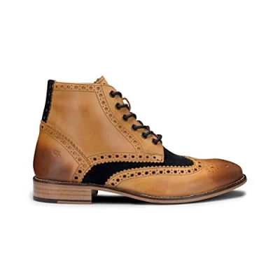 Image of London Brogues Mens Classic Oxford Tan Leather Gatsby Brogue Ankle Boots with Navy Suede Size UK 12