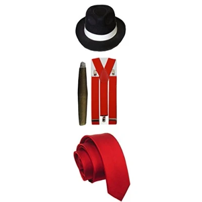 Image of MENS GANGSTER PIMP THEME WHITE BLACK HAT BRACES TIE CIGAR 1920&#039;S PARTY OUTFIT (Red Full Costume)