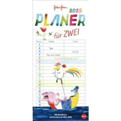 Image of Helme Heine: Planer für zwei 2025: Wandkalender 2025 zum Eintragen mit Schulferien und 3 Monats Vorschau. Partnerkalender den tierischen drei Freunden von Mullewapp im Format 16 x 34,7 cm