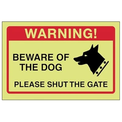 Image of V Safety Beware Of The Dog, Please Shut Gate Sign 150mm x 100mm Keep Out Photoluminescent Self Adhesive Vinyl