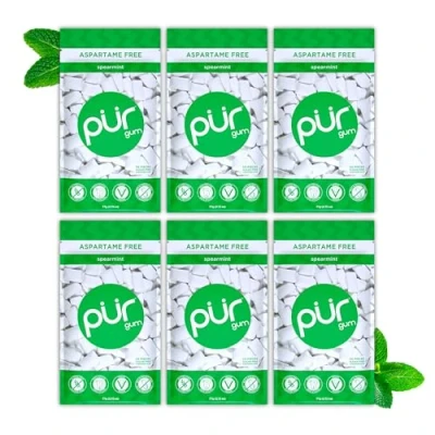 Image of PUR Gum Sugar Free Chewing Made with Xylitol Vegan, Aspartame Free, Gluten and Keto Friendly Natural Spearmint Flavoured Gum, 55 Pieces (Pack of 6)