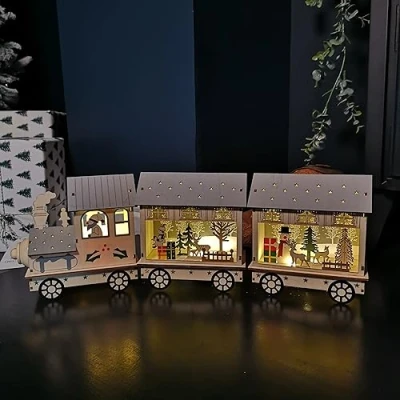 Image of Samuel ALEXANDER 16cm LED Battery Operated Indoor Wooden Christmas Train &amp; Carriages Scene