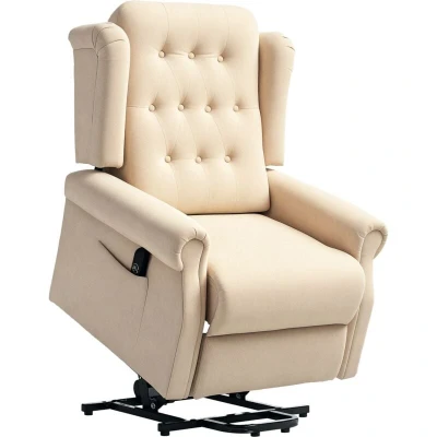 Image of HOMCOM Power Lift Recliner Chair, Wingback Button Tufted Electric Chair for Elderly, Fabric Riser and Reclining Armchair with Remote Control, Side Pockets, Living Room, Beige