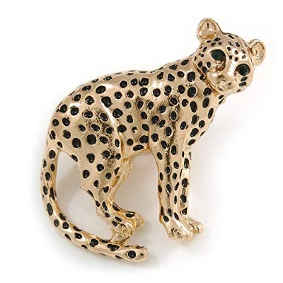 Image of Avalaya Unique Leopard Brooch in Gold Tone Metal with Black Spots 42mm Across