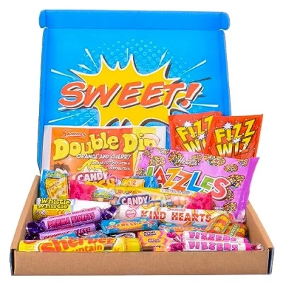 Image of Thornton &amp; France Retro Sweets Gift Box Hamper Nostalgic Treats Candy From 70s 80s Letterbox Set (39 items) Penny Post&#039;