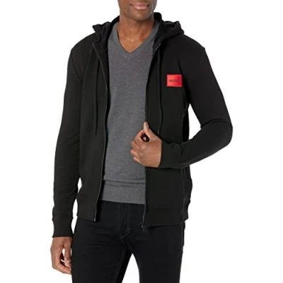 Image of HUGO Men&#039;s Regular Fit Square Logo Jersey Hooded Zip Up Sweatshirt, Raven Black, M
