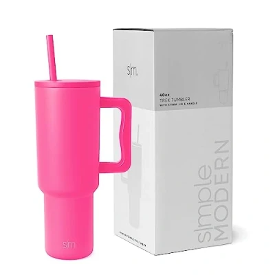 Image of Simple Modern Tumbler 40 oz with Handle and Straw Insulated Stainless Steel Water Bottle Iced Coffee Cup Travel Mug Gifts for Women &amp; Men Trek 1180ml Raspberry Vibes
